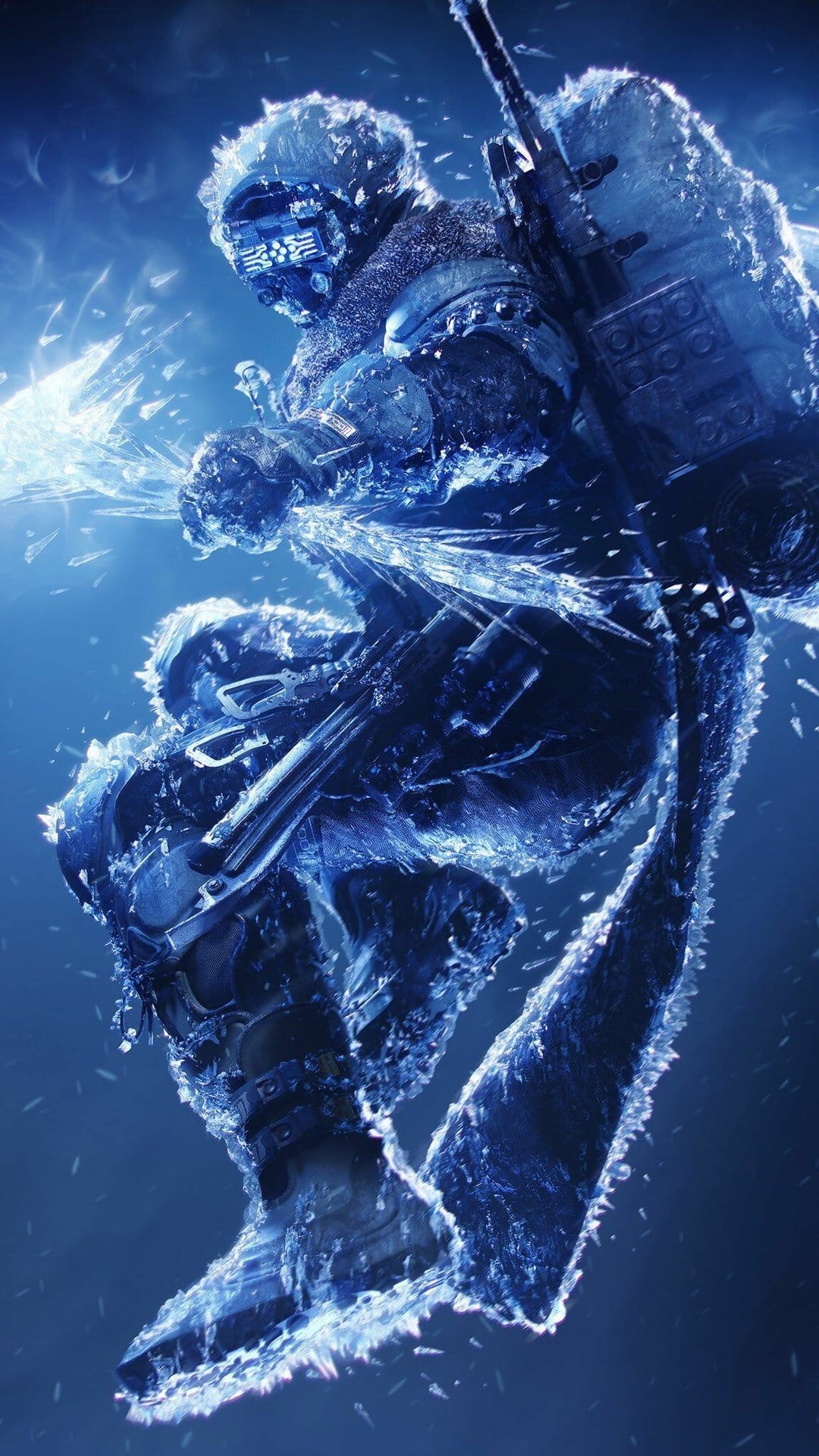 Sci-fi hunter in tactical armor leaping through blue ice shards while wielding dual frozen crystalline sickles.