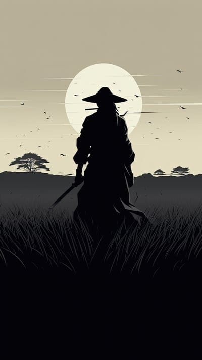 samurai,silhouette,field,grass,moon,art,japan