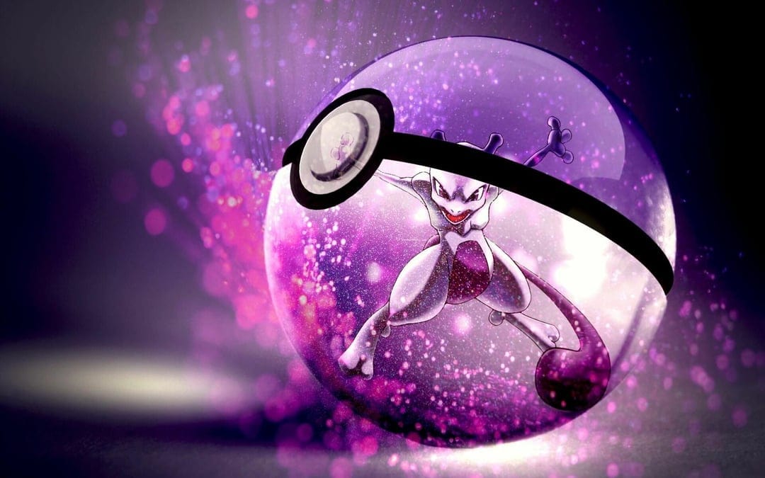 Mewtwo strikes a dynamic pose inside a glowing purple Pokéball surrounded by sparkling psychic energy particles.