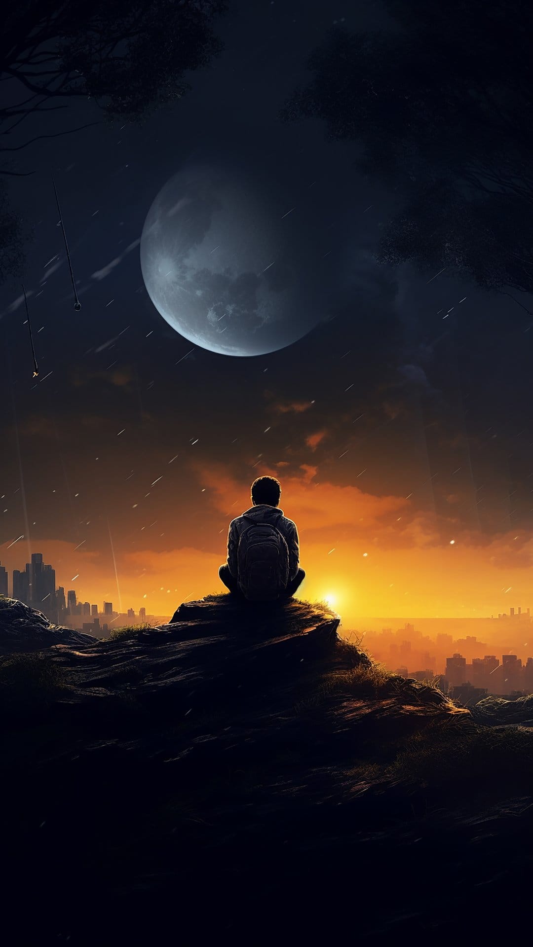 Backpacker sits on a dark cliff facing a distant city under a massive moon and vibrant orange sunrise twilight.