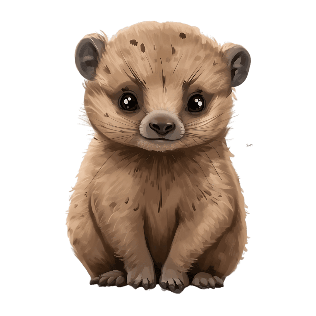 Baby hyrax pup sitting upright with soft brown fur and large dark eyes against a solid black background.