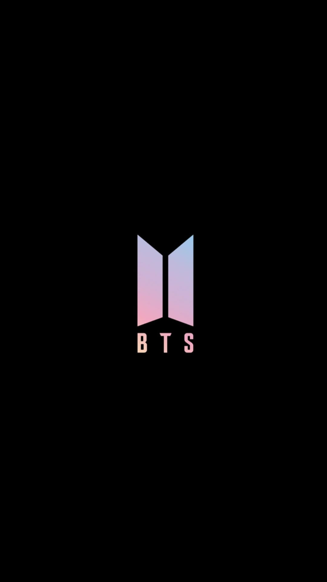BTS logo trapezoids with pink and blue gradients above the letters BTS on a solid black background.