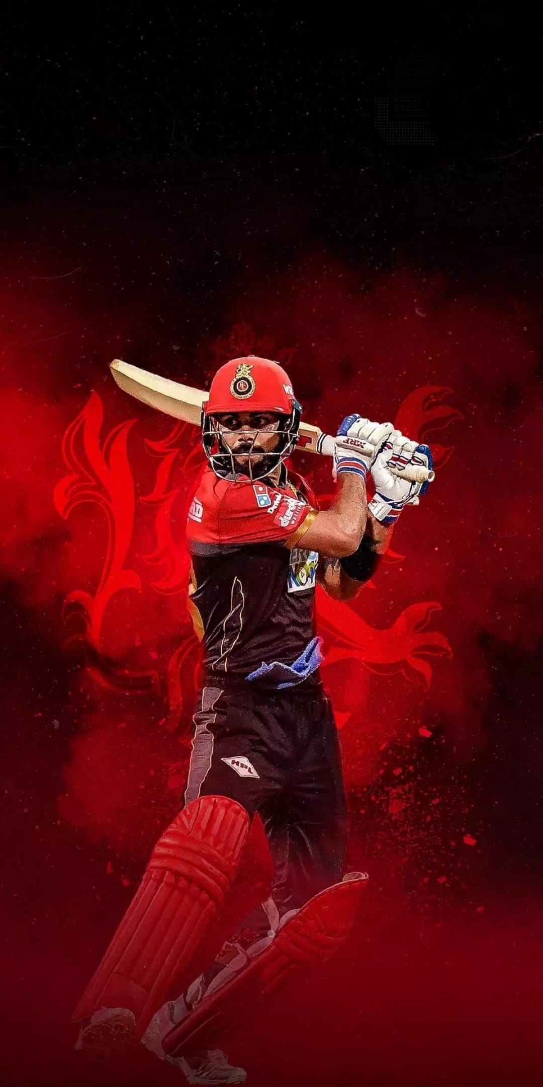 Virat Kohli in a cricket batting stance wearing a red jersey against a textured black and crimson background.