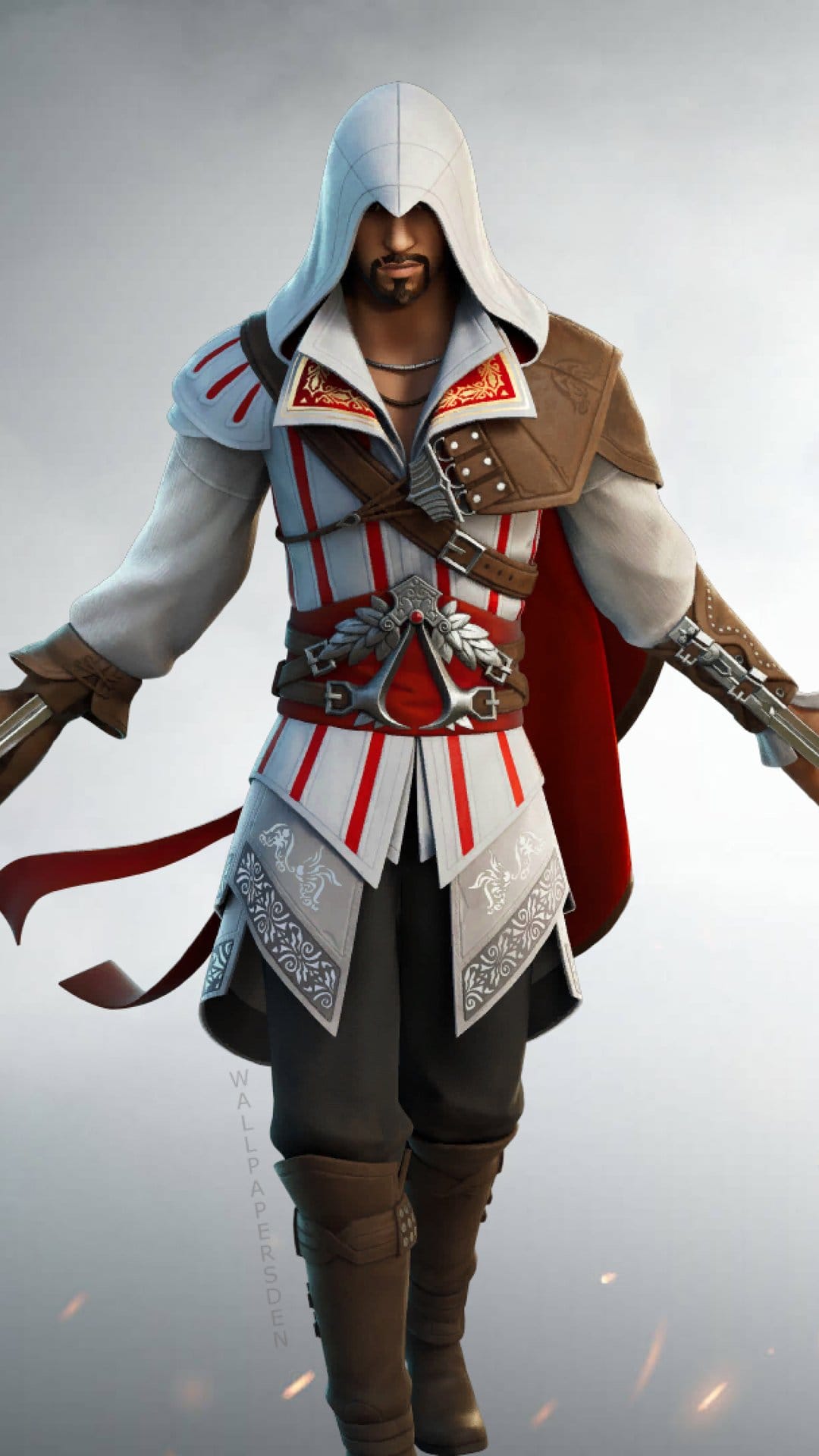 Ezio Auditore wears white and red hooded robes while extending dual hidden blades against a plain light background.