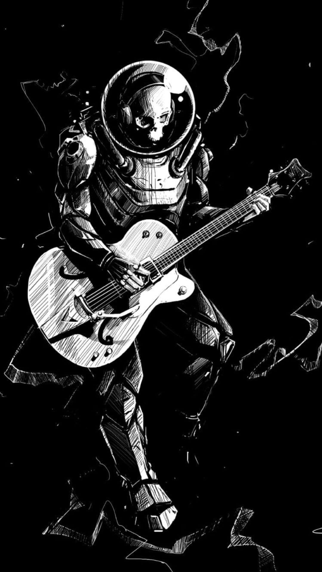Skeleton astronaut in a vintage suit plays a white electric guitar against a dark cosmic void with sketchy ink lines.