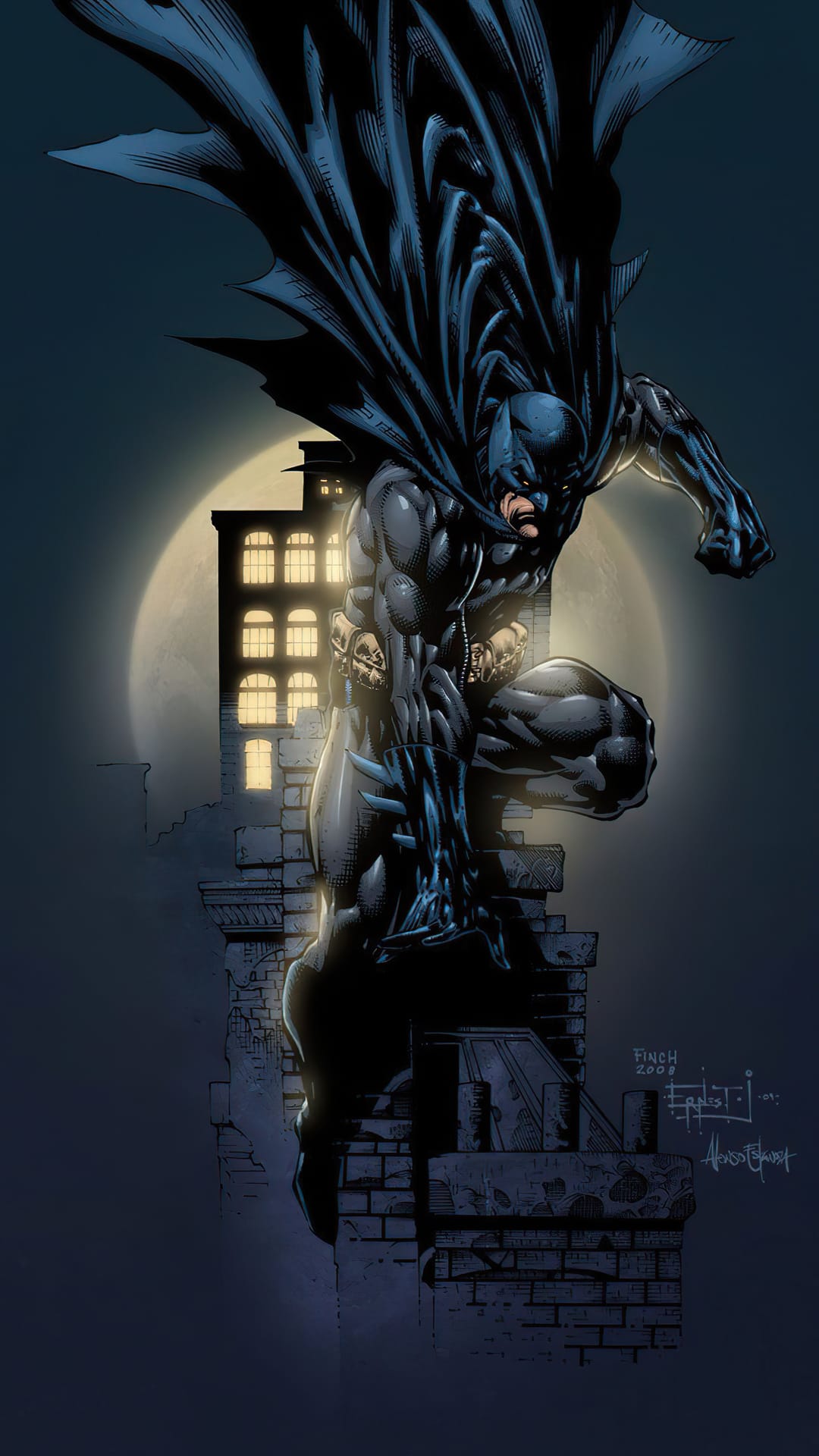 Batman crouches on a brick ledge before a giant full moon with a cape billowing behind him over Gotham City.