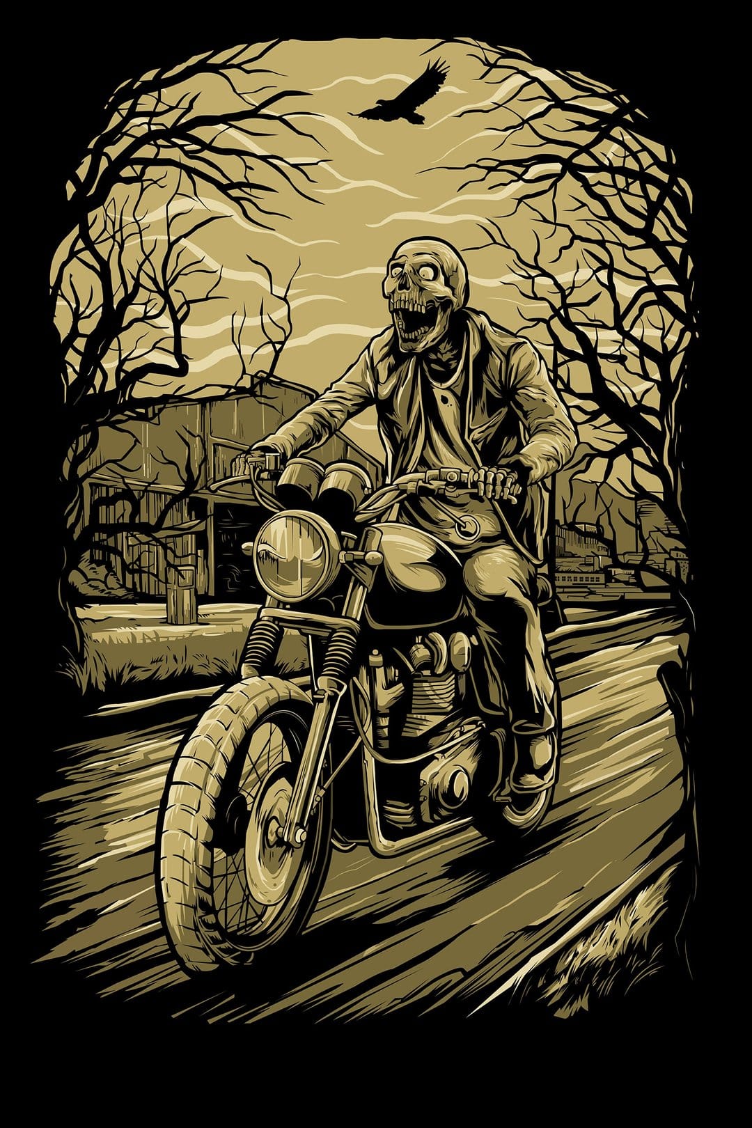 Zombie on a motorcycle rides through a dark forest with twisted trees while a raven flies in the eerie sky.