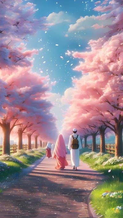 A couple holding hands walks along a park path lined with blooming pink cherry blossom trees in soft sunlight.