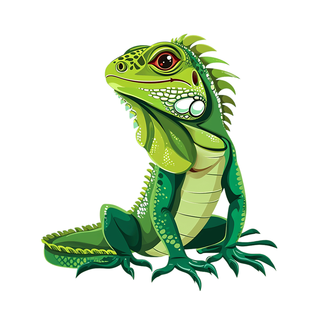Green iguana illustration with detailed scales and red eyes shown in profile against a black background.