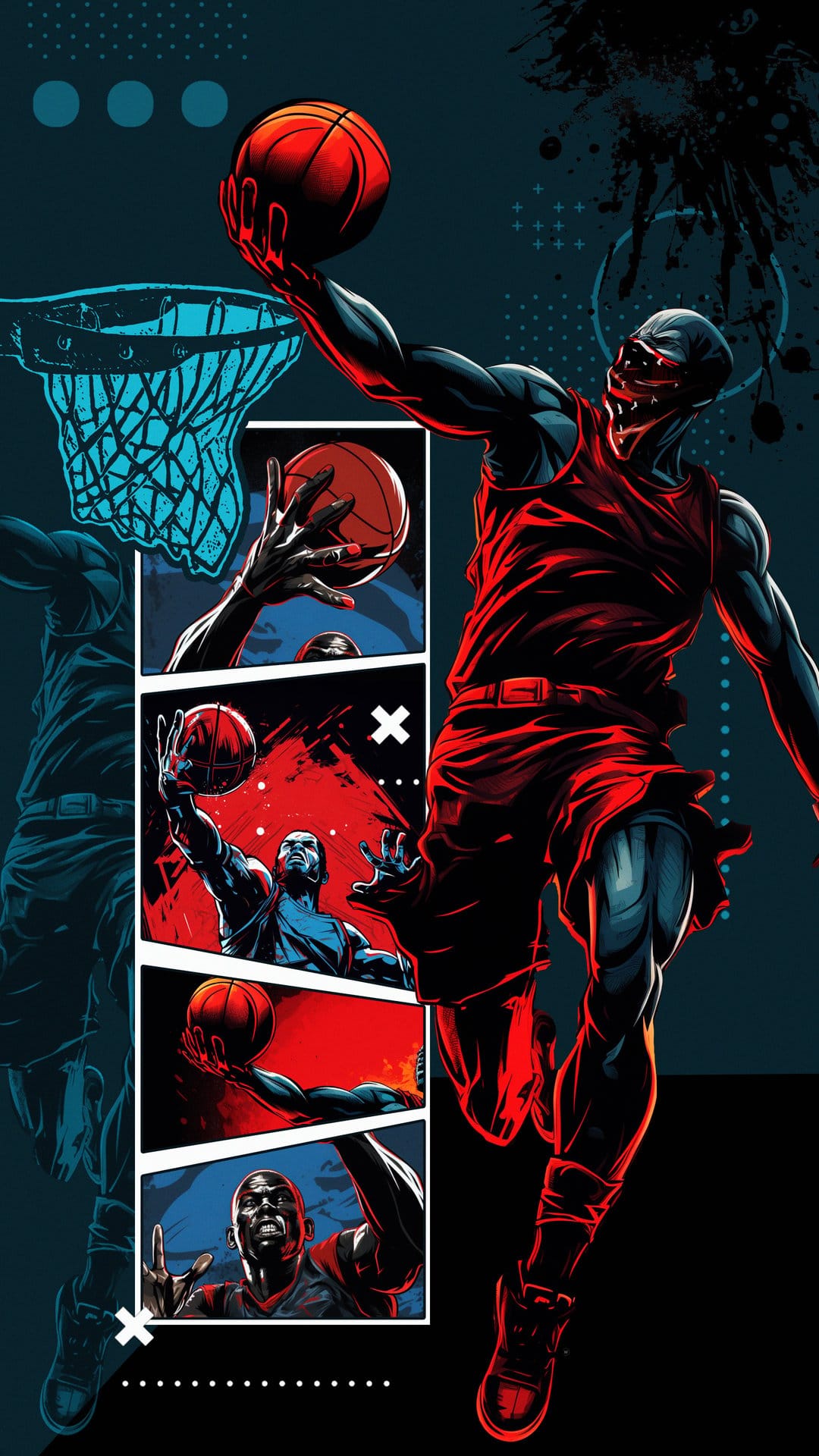 Basketball player leaping for a dunk amidst red comic book panels and action lines on a dark textured background.