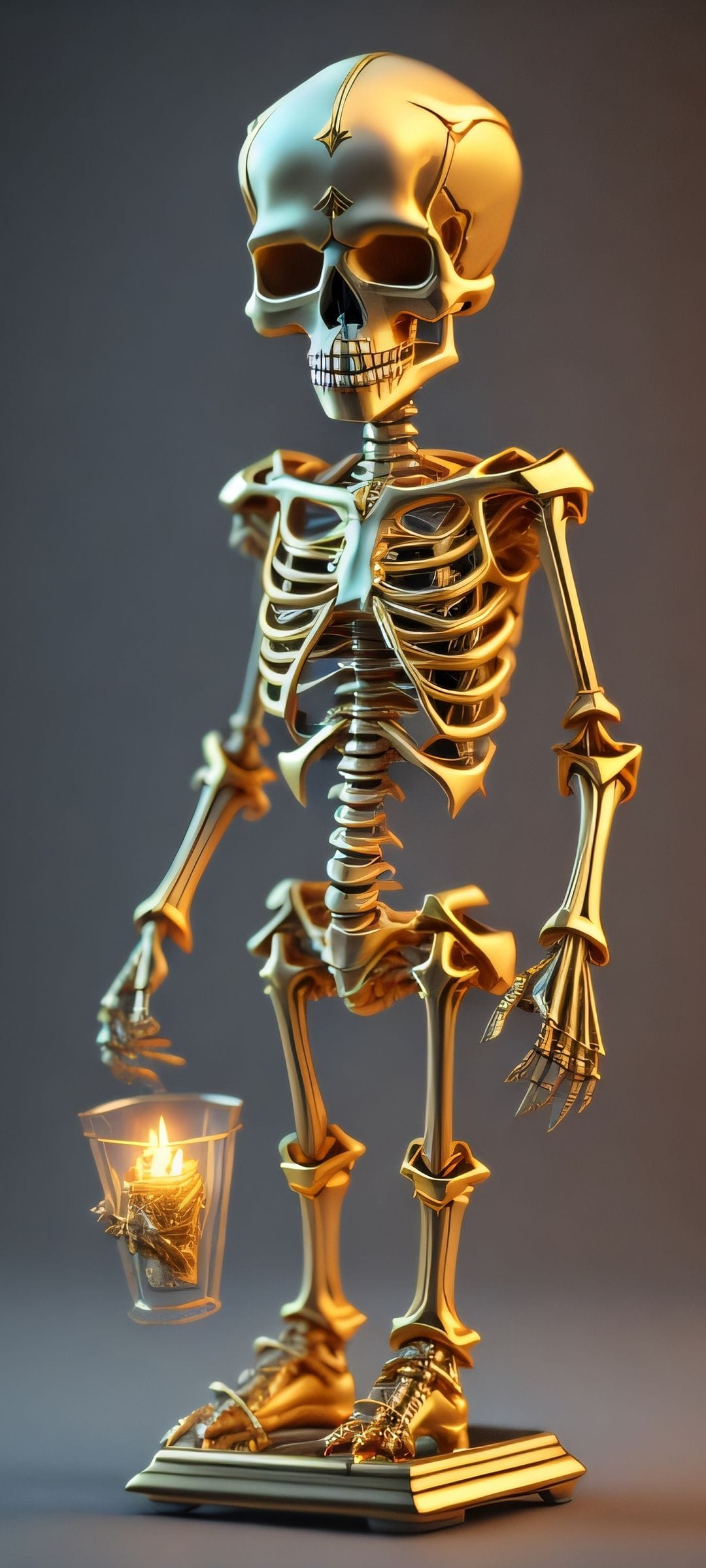 Golden skeleton holding a lit glass lantern with warm firelight reflecting off its metallic skull and ribcage.