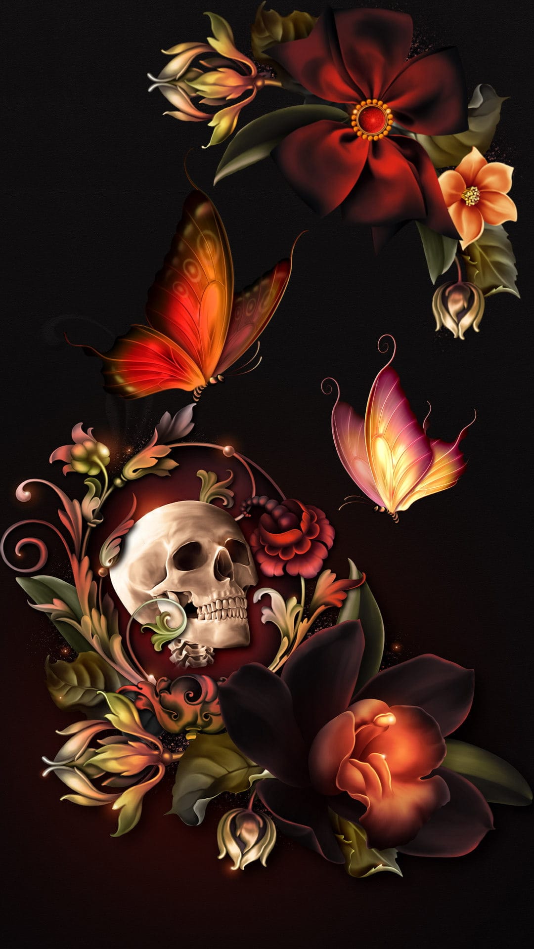 Human skull surrounded by dark roses and two bright butterflies in shades of orange and pink on a black field.