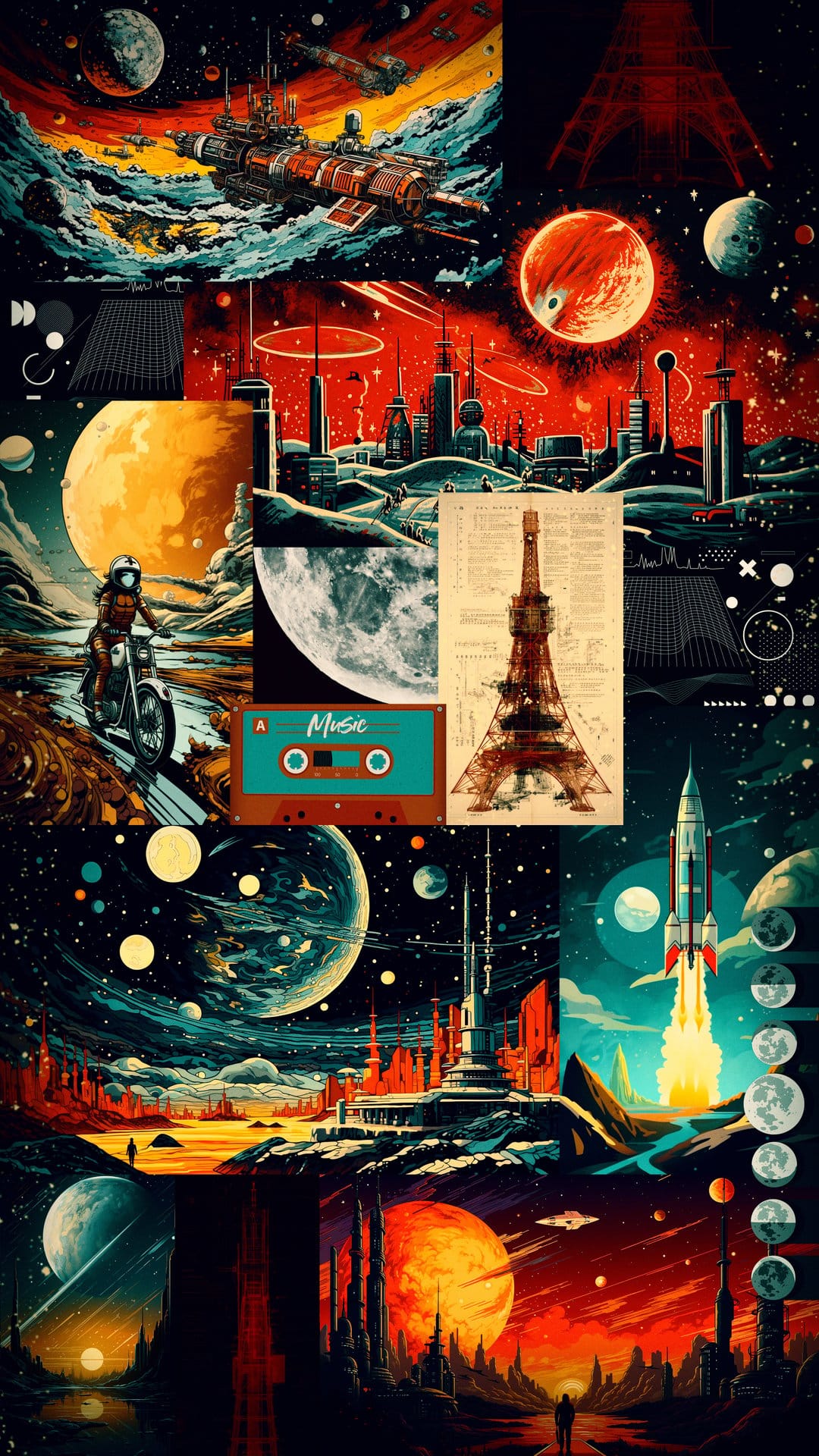 Rocket launches past a futuristic city, the Eiffel Tower, and a motorcycle rider under a cosmic planet-filled sky.