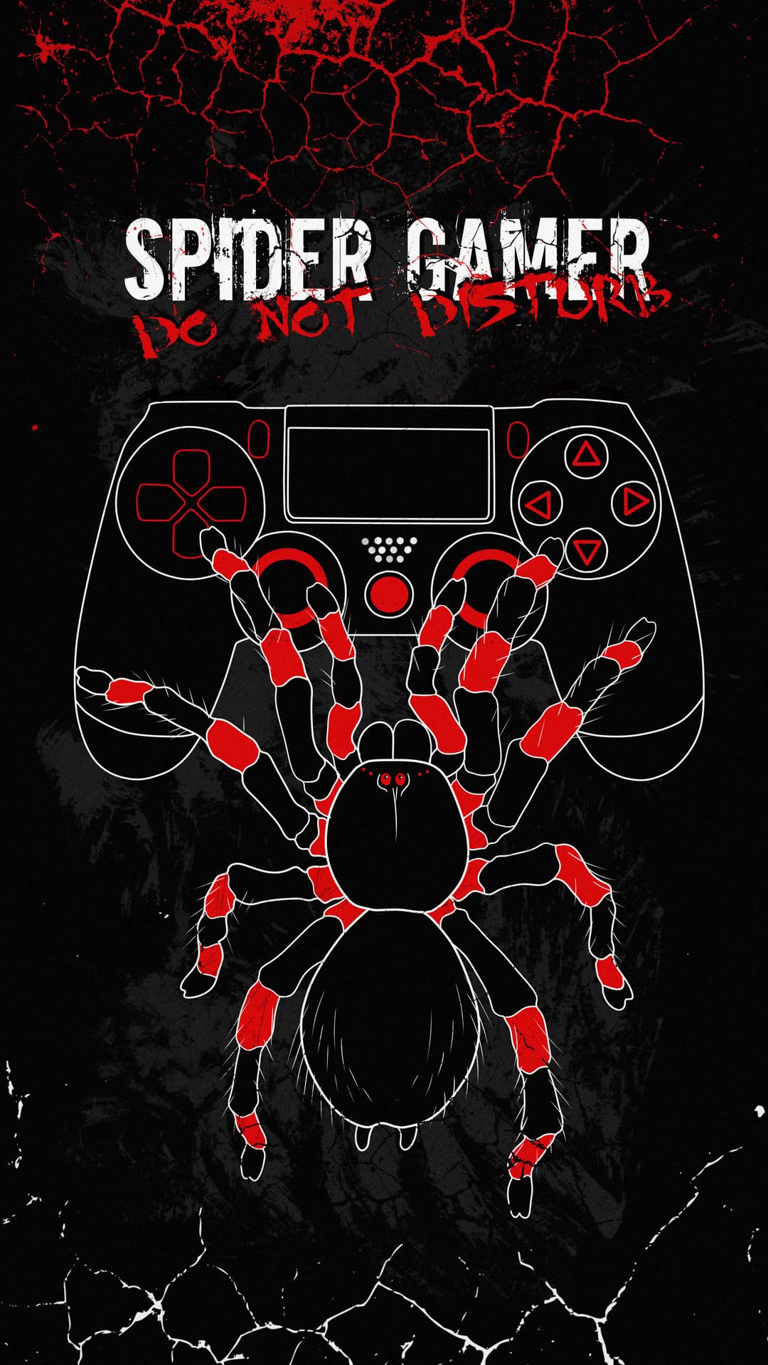 Large tarantula spider resting on a video game controller with red accents and distressed black textures.