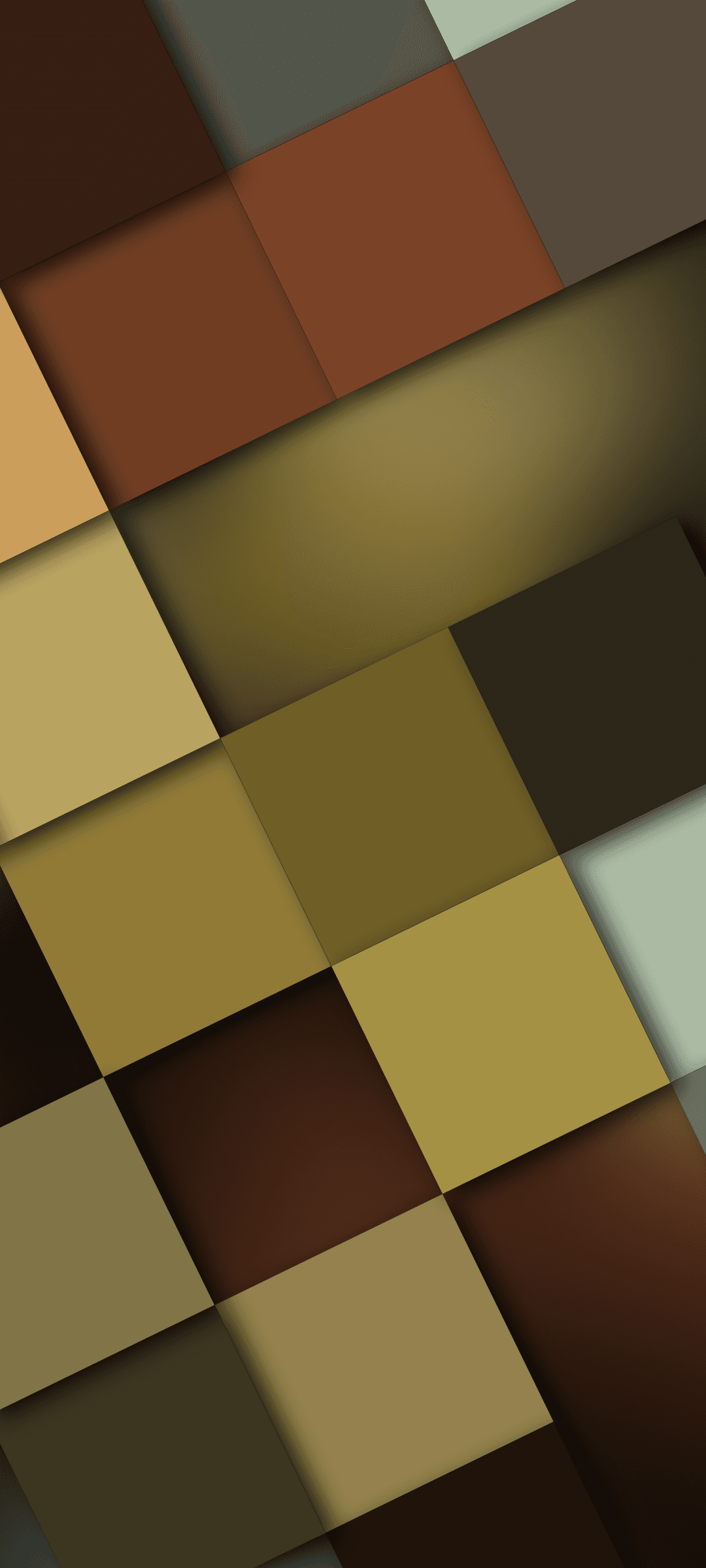 Staggered squares in shades of brown and green with soft drop shadows create a textured 3D geometric pattern.