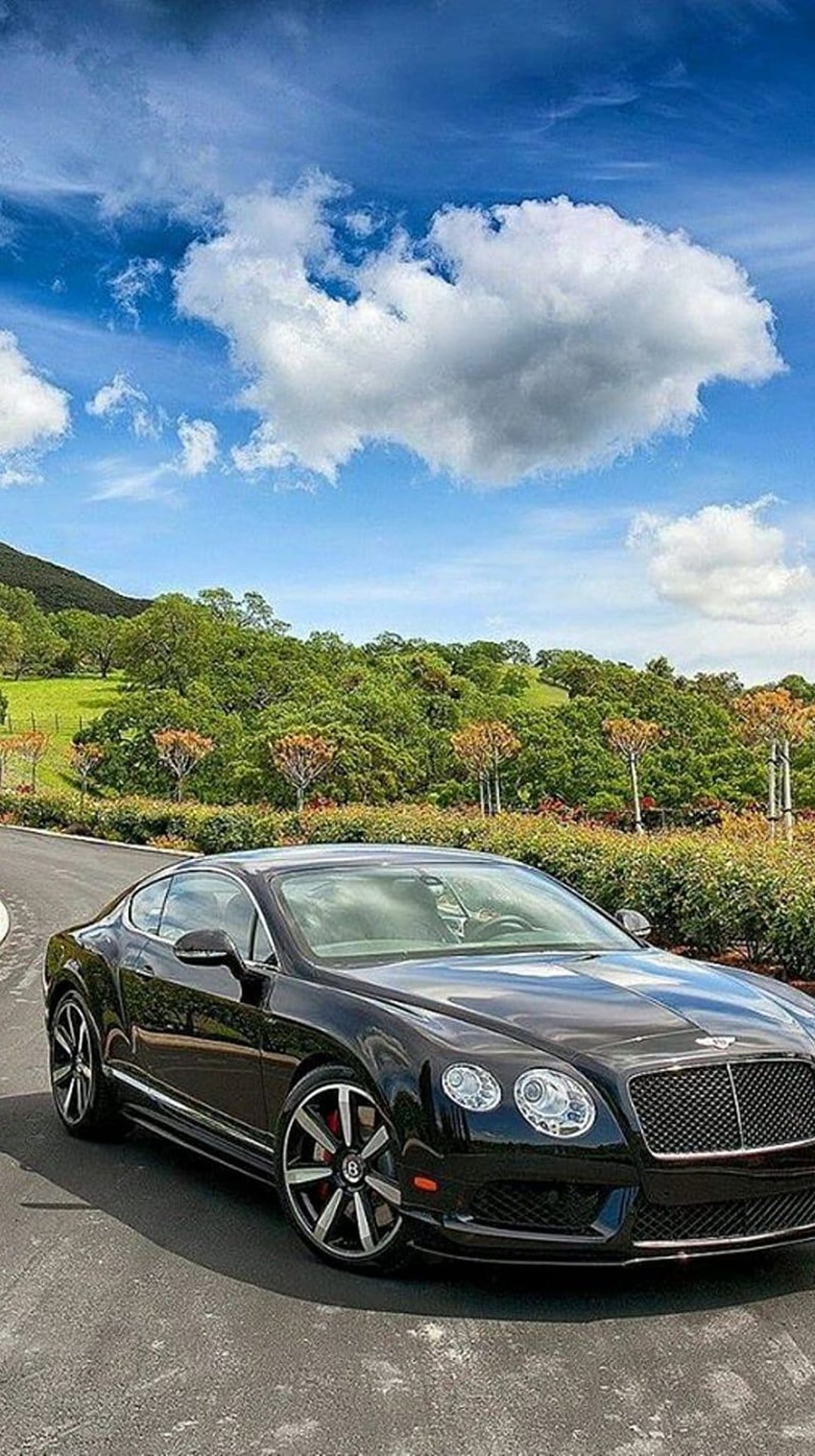 Black Bentley Continental GT parked on a mountain road with green hills and a cloudy blue sky in the background.