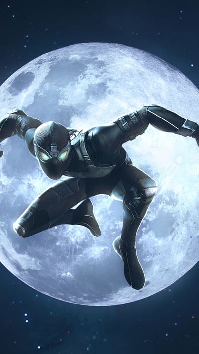 Spider-Man, Stealth Suit, Night Monkey, Full Moon, Superhero, Marvel, Black Suit, Nighttime, Covert, Hero, Dynamic Pose, Cinematic, Comic Book, Action, Mysterious, Glowing Eyes, Web-slinger, Night Operations, Spiderverse, Vigilante