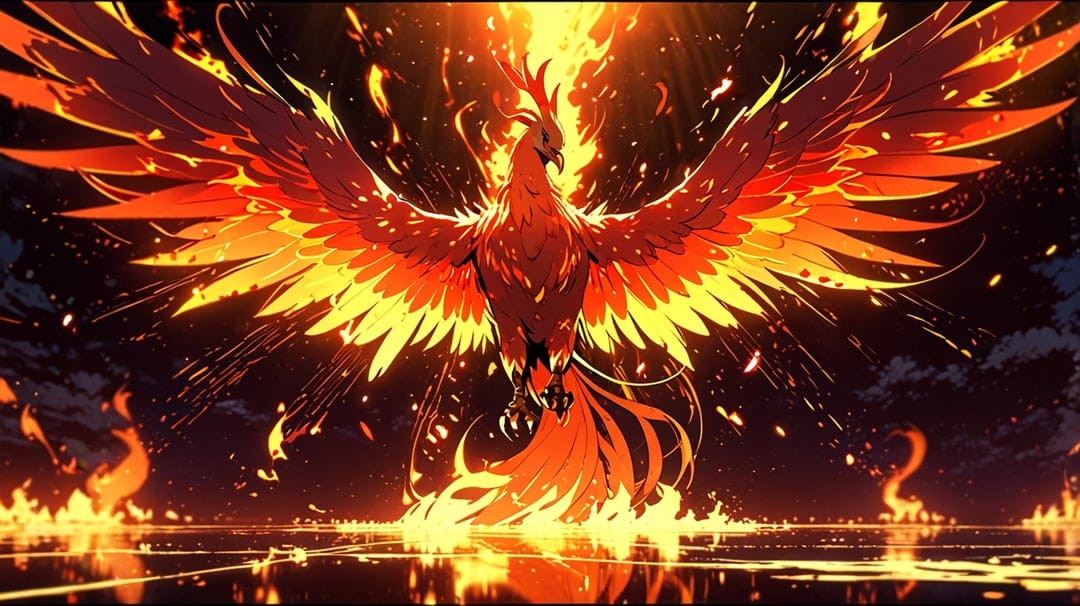 Phoenix with burning orange feathers spreads massive wings over glowing lava and dark reflective water.