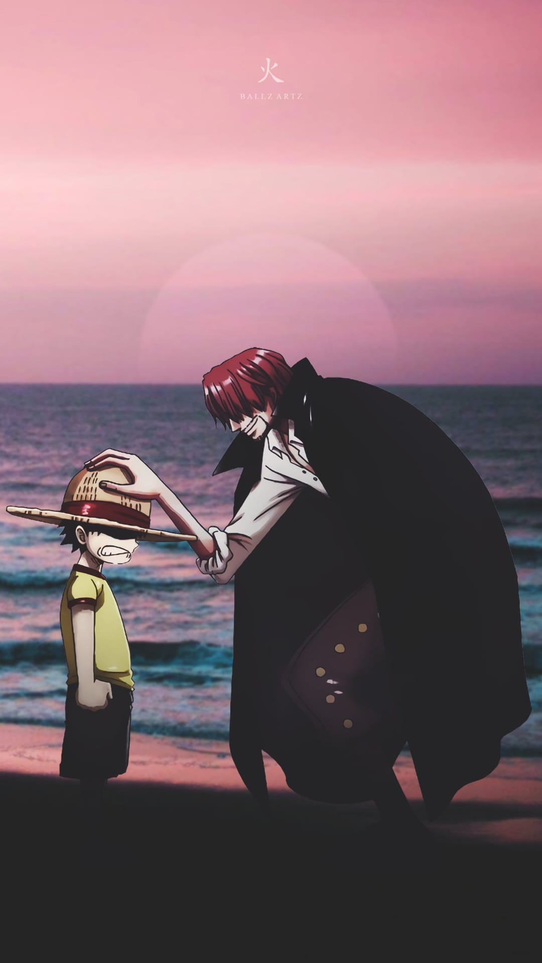 Shanks places a yellow straw hat on a crying young Luffy’s head while standing on a sandy beach at sunset.