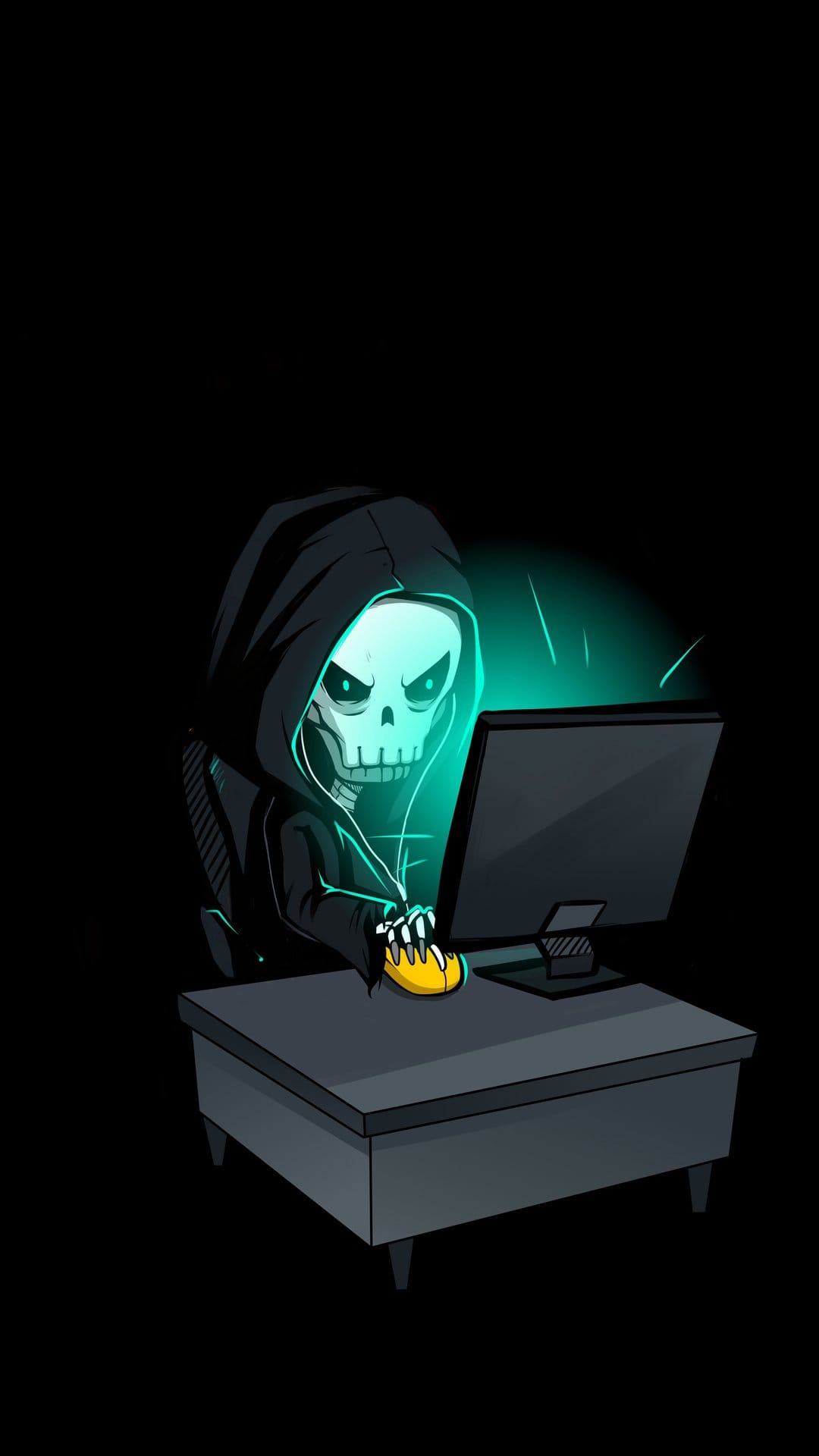Grim reaper hacker with a glowing skull sits at a green computer monitor using skeletal hands to type.