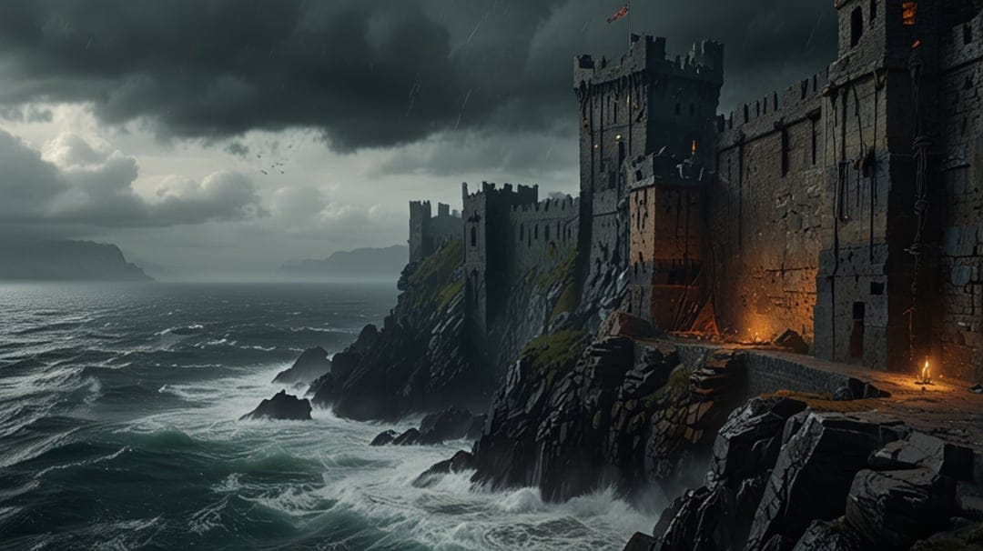 Medieval stone fortress on a jagged cliff overlooking turbulent dark ocean waves under a stormy grey sky.