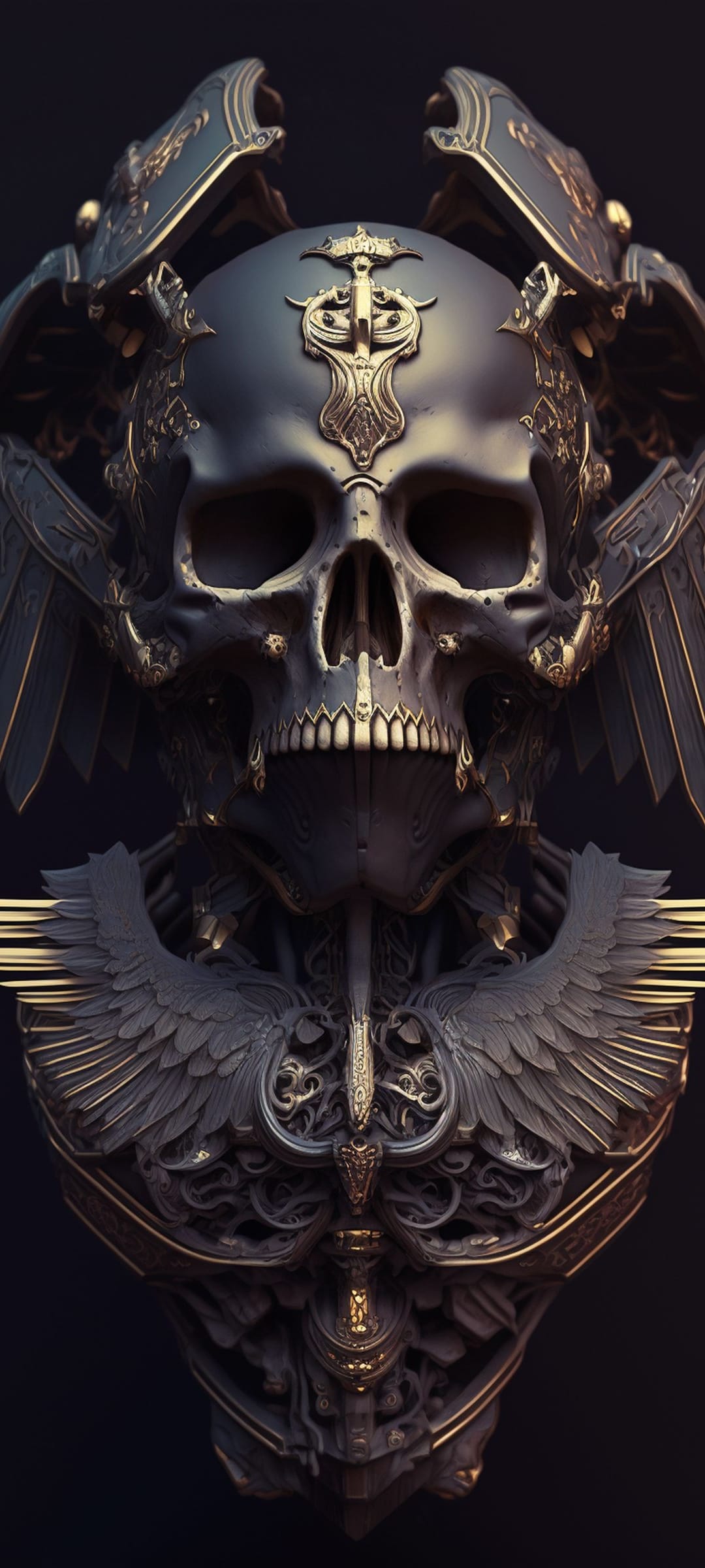 Ornate gold skull with large outstretched wings and intricate filigree details against a dark background.