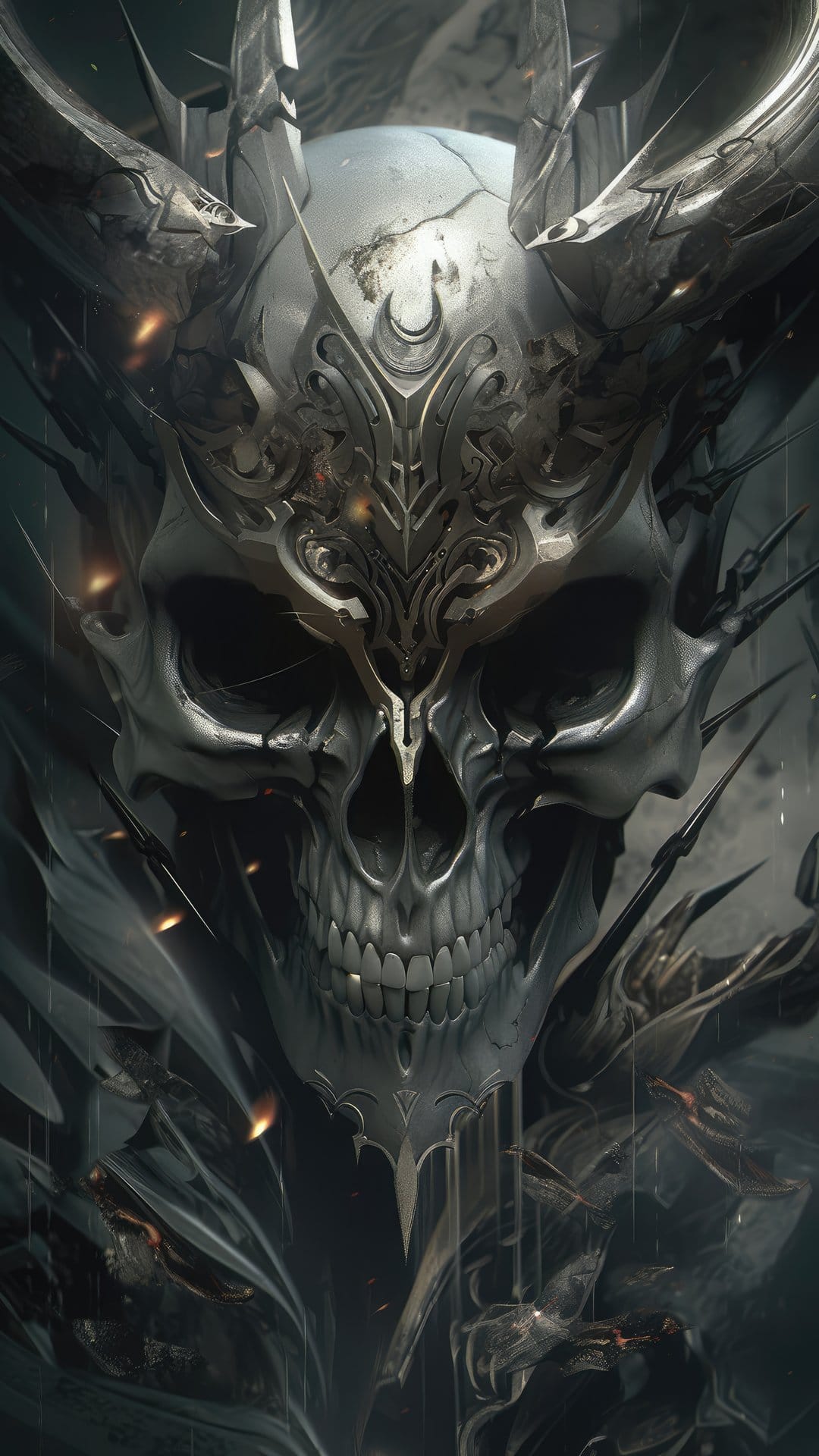 Metallic skull wearing a detailed engraved helmet with orange sparks and sharp steel edges on a dark backdrop.