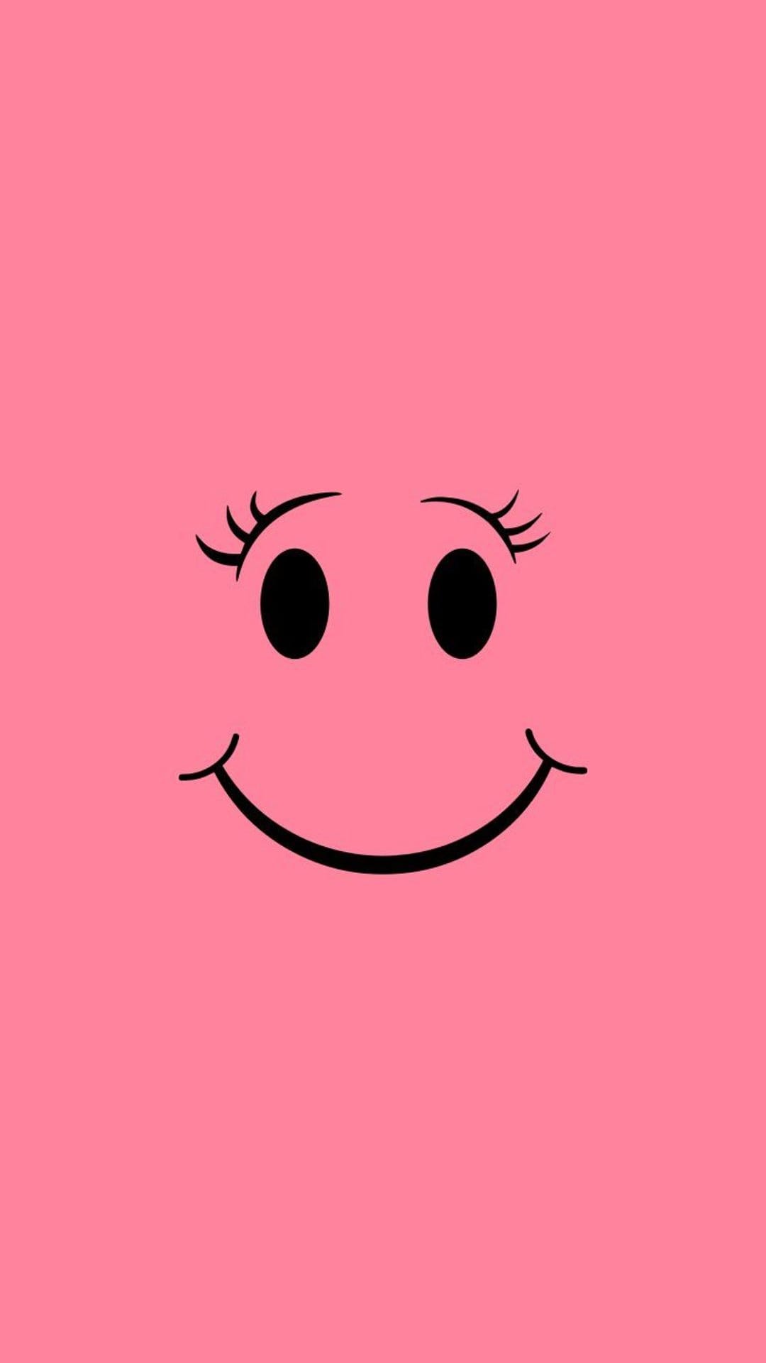 Yellow smiley face with long black eyelashes centered on a solid pastel pink background for a phone screen.