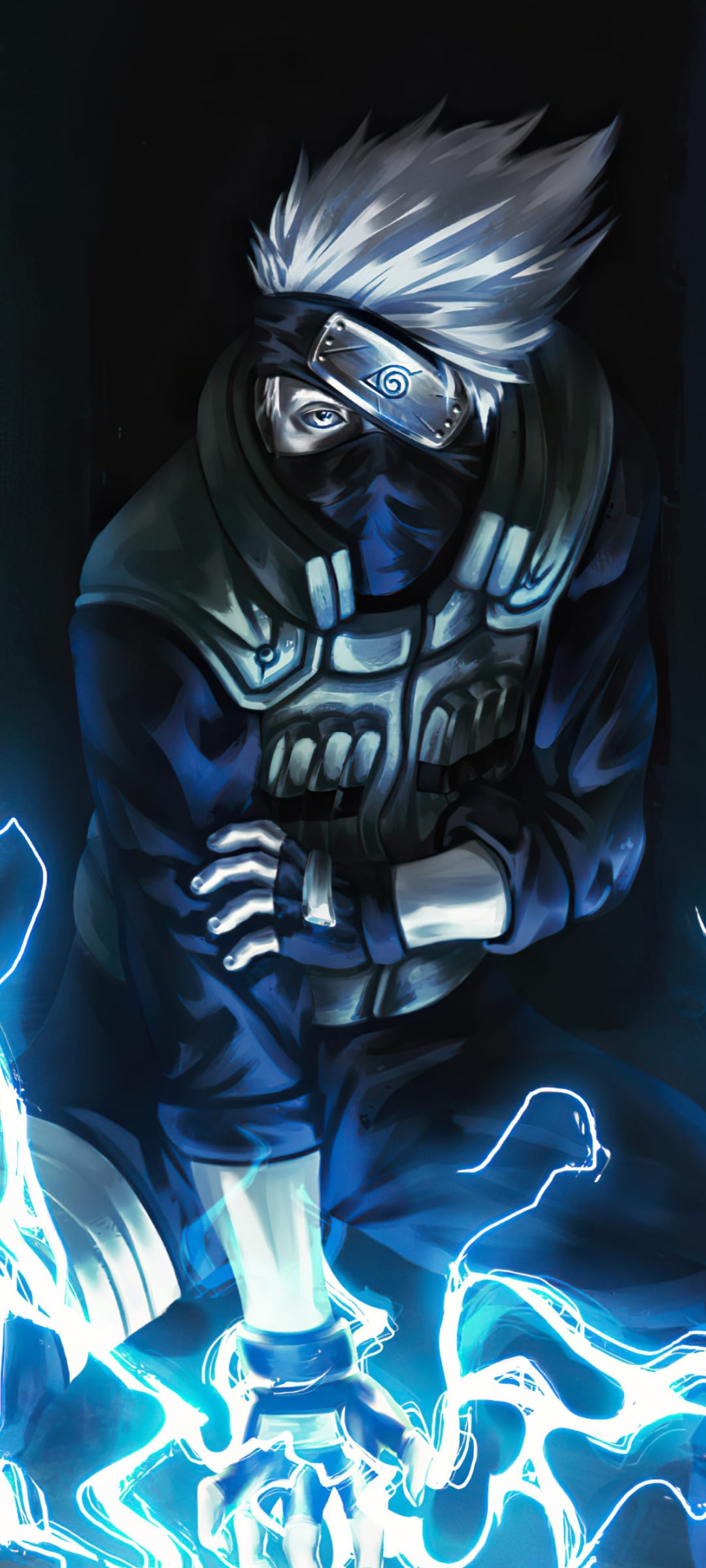 Kakashi Hatake with a glowing Sharingan holds a surging blue Chidori amidst crackling lightning bolts.