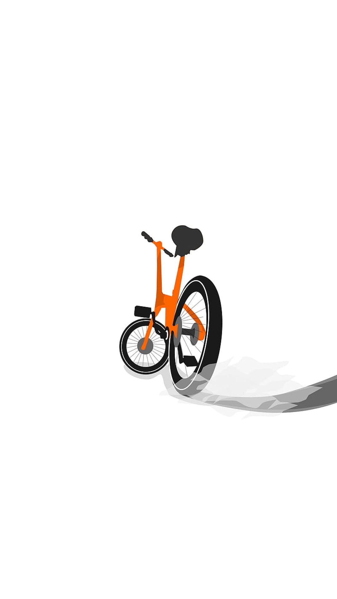 Orange bicycle with a large back wheel and black seat casting a grey shadow on a solid white background.