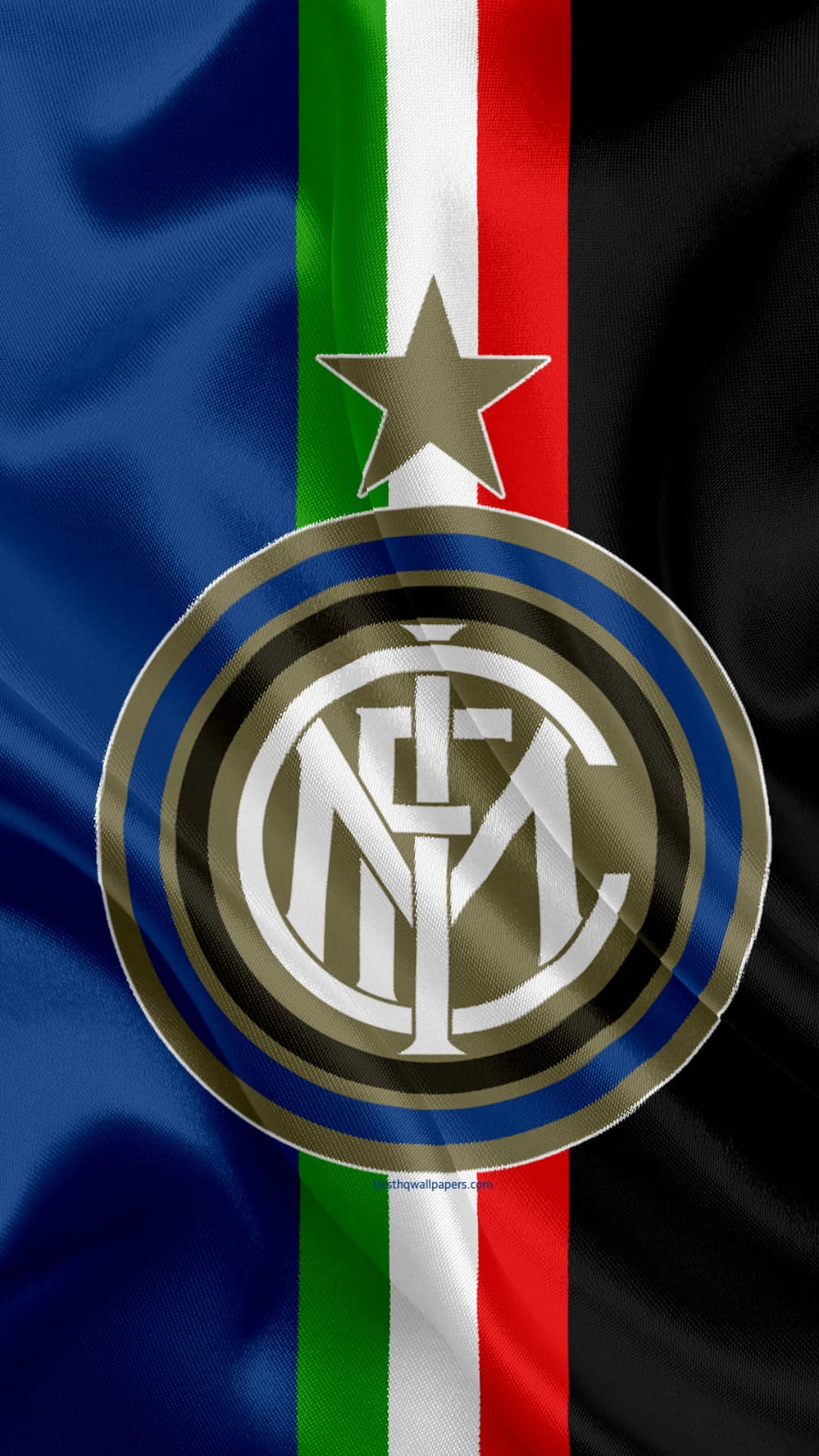 Circular Inter Milan emblem featuring a gold star on a rippling green, white, red, and blue textile surface.