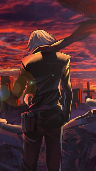 post-apocalyptic, ruined city, dramatic sunset, lone wanderer, dark fantasy, dystopian, atmospheric, character back, white hair, fiery sky, science fiction, landscape art, destruction, mysterious, evocative, digital painting, urban decay