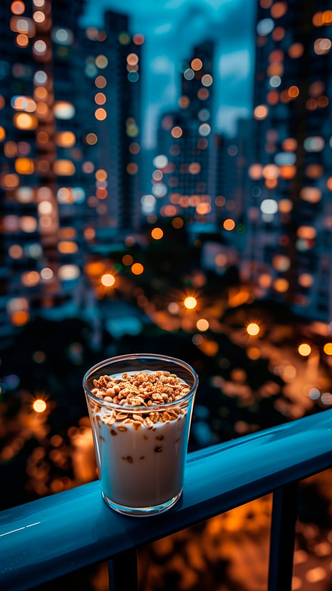 Layered yogurt parfait with granola on a balcony railing overlooking blurred city lights during the blue hour.