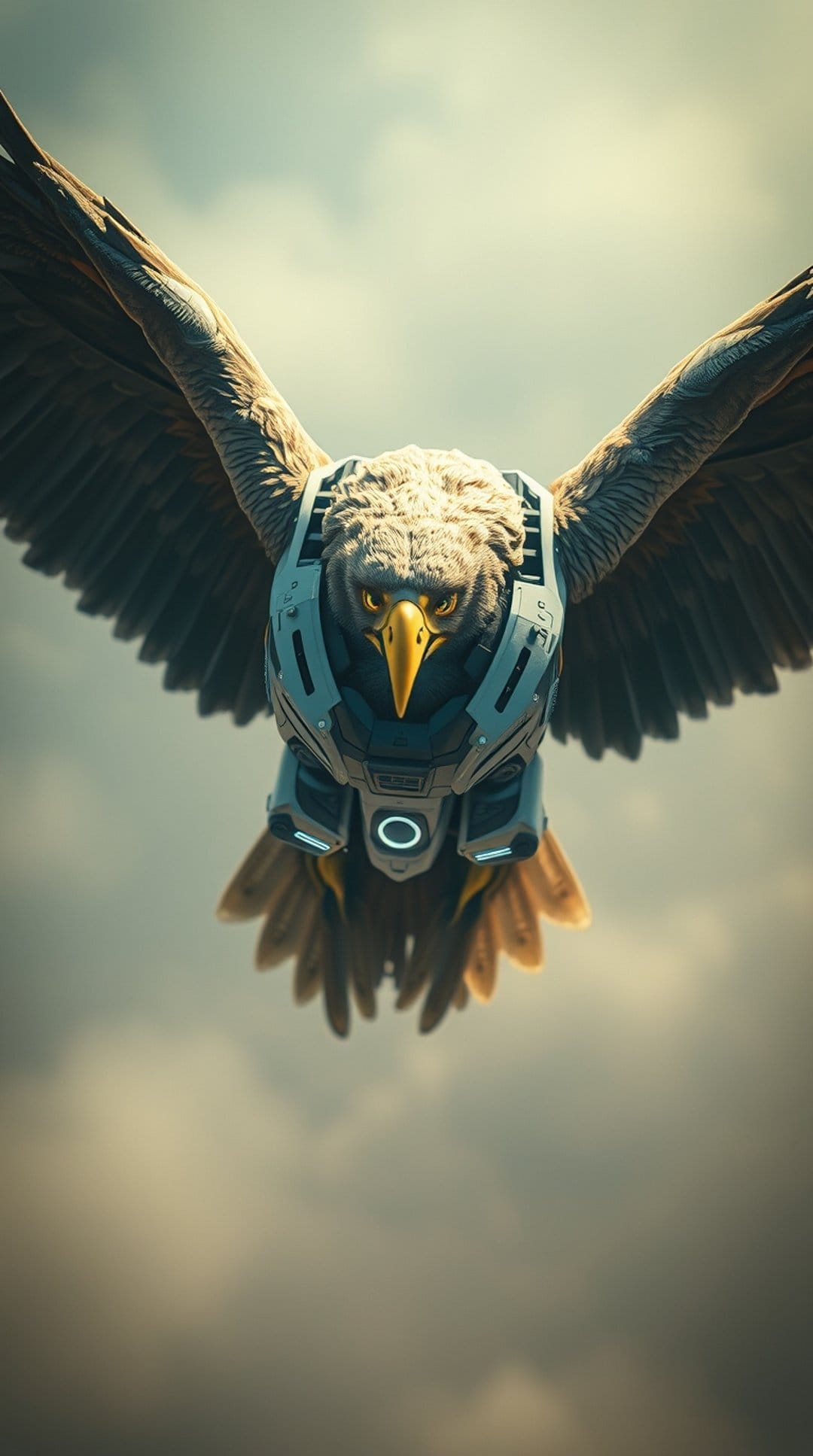 Mechanized eagle with silver armor plates and glowing eyes flying through a dark, turbulent overcast sky.