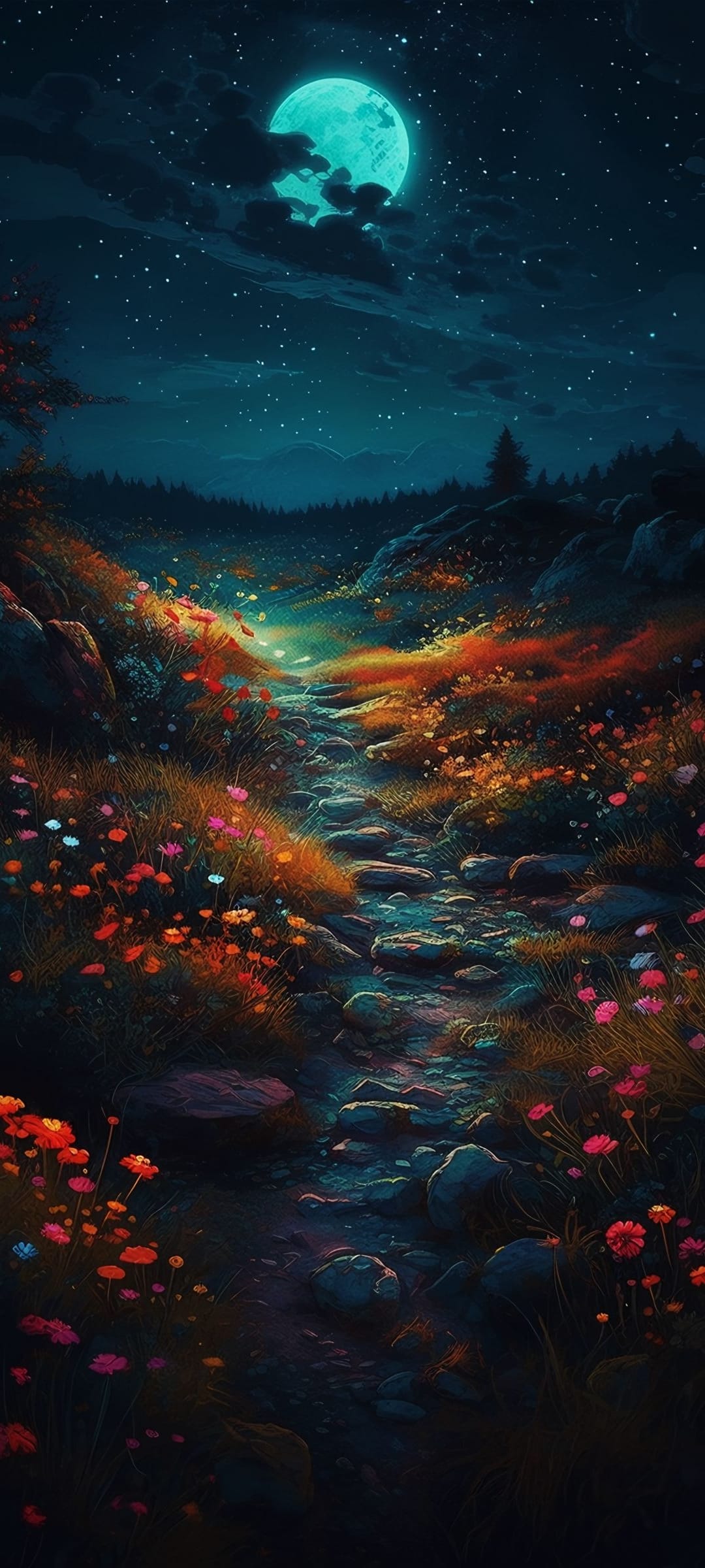 Winding stone path through a wildflower meadow illuminated by a large turquoise moon and a starry night sky.