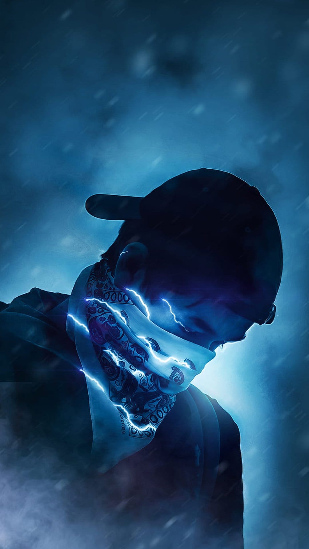 Masked person wearing a baseball cap with blue lightning sparking from their face against a dark snowy background.