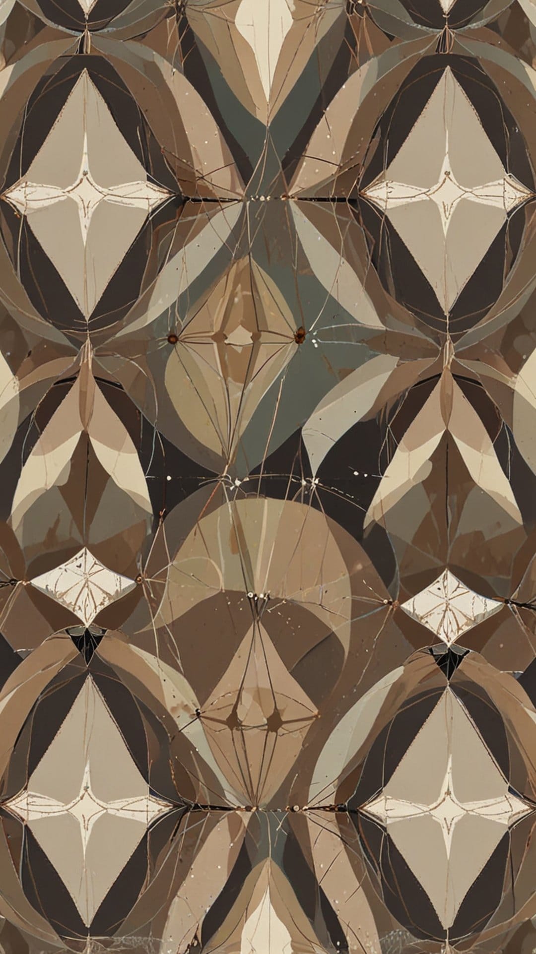 Layered brown and grey geometric shapes with subtle splatters create a textured minimalist vertical composition.