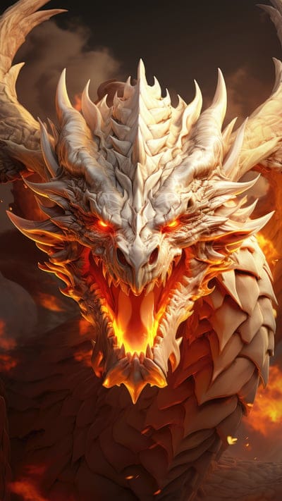 white dragon,dragon,grin,flame,sparks,art