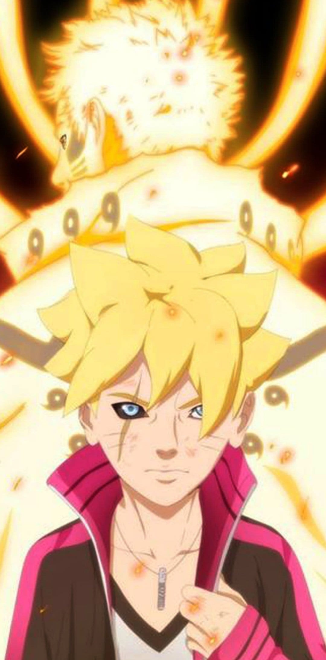 Boruto Uzumaki stands in front of Naruto’s glowing orange Nine-Tails Chakra Mode with swirling energy patterns.