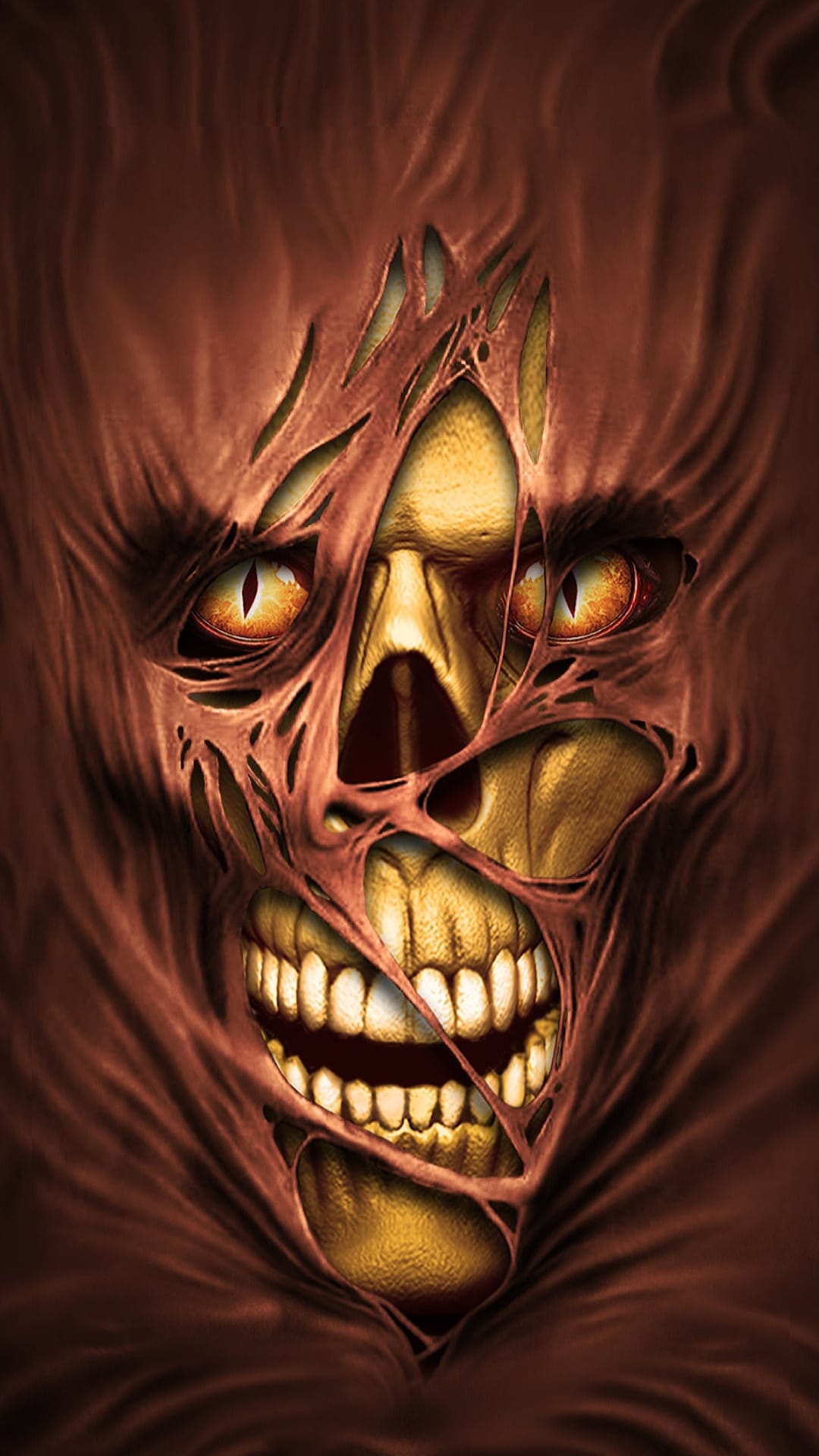 Decaying zombie face with shredded skin exposing a skeletal jaw and glowing yellow eyes against a dark background.