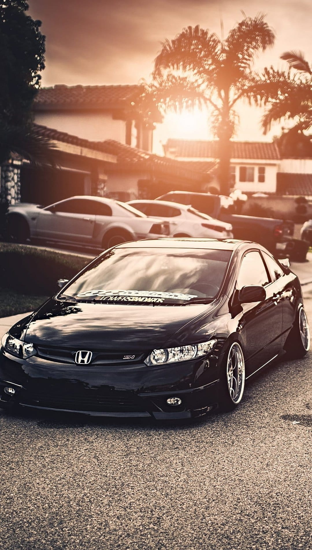 Black Honda Civic Si with custom wheels parked on a street with palm trees during a golden hour sunset.