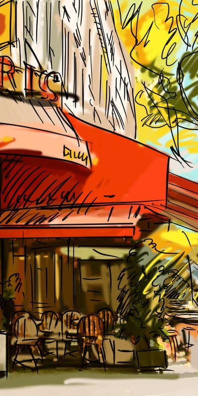 An artistic interpretation captures a charming Parisian cafe, featuring a distinctive red awning, outdoor seating with a few chairs and tables visible, and a glimpse of the building's facade above. The scene is framed by vibrant yellow and green foliage, suggesting a sunny, inviting atmosphere typical of a European street.