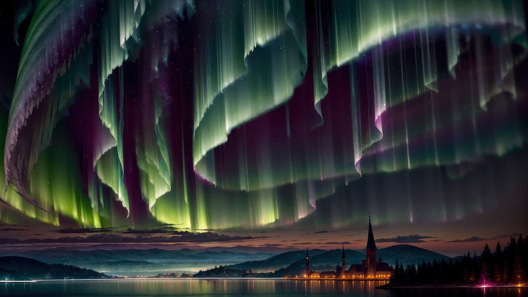 Northern lights aurora borealis glowing over jagged black mountain silhouettes against a dark starry night sky.