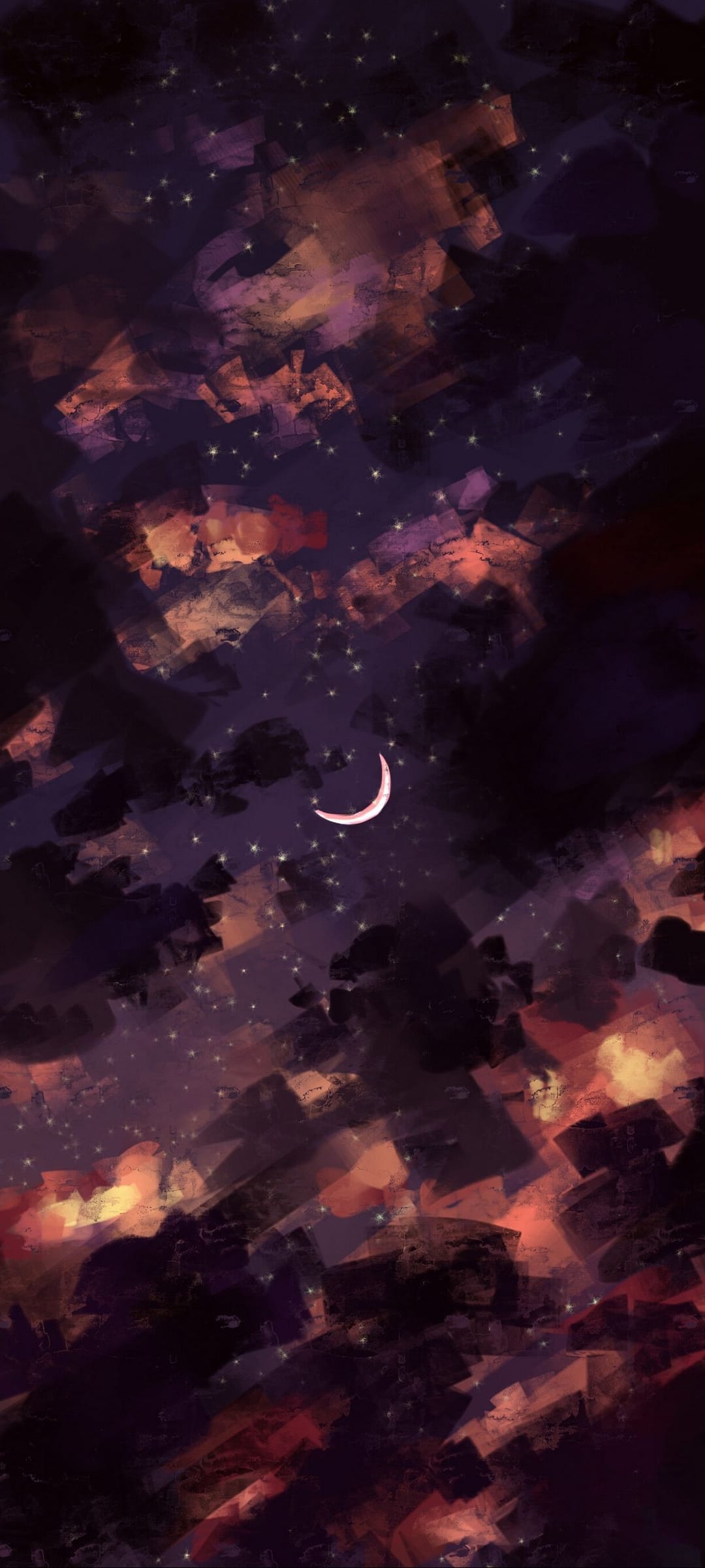 Crescent moon glowing amidst swirling purple and orange clouds with tiny twinkling stars across a dark night sky.