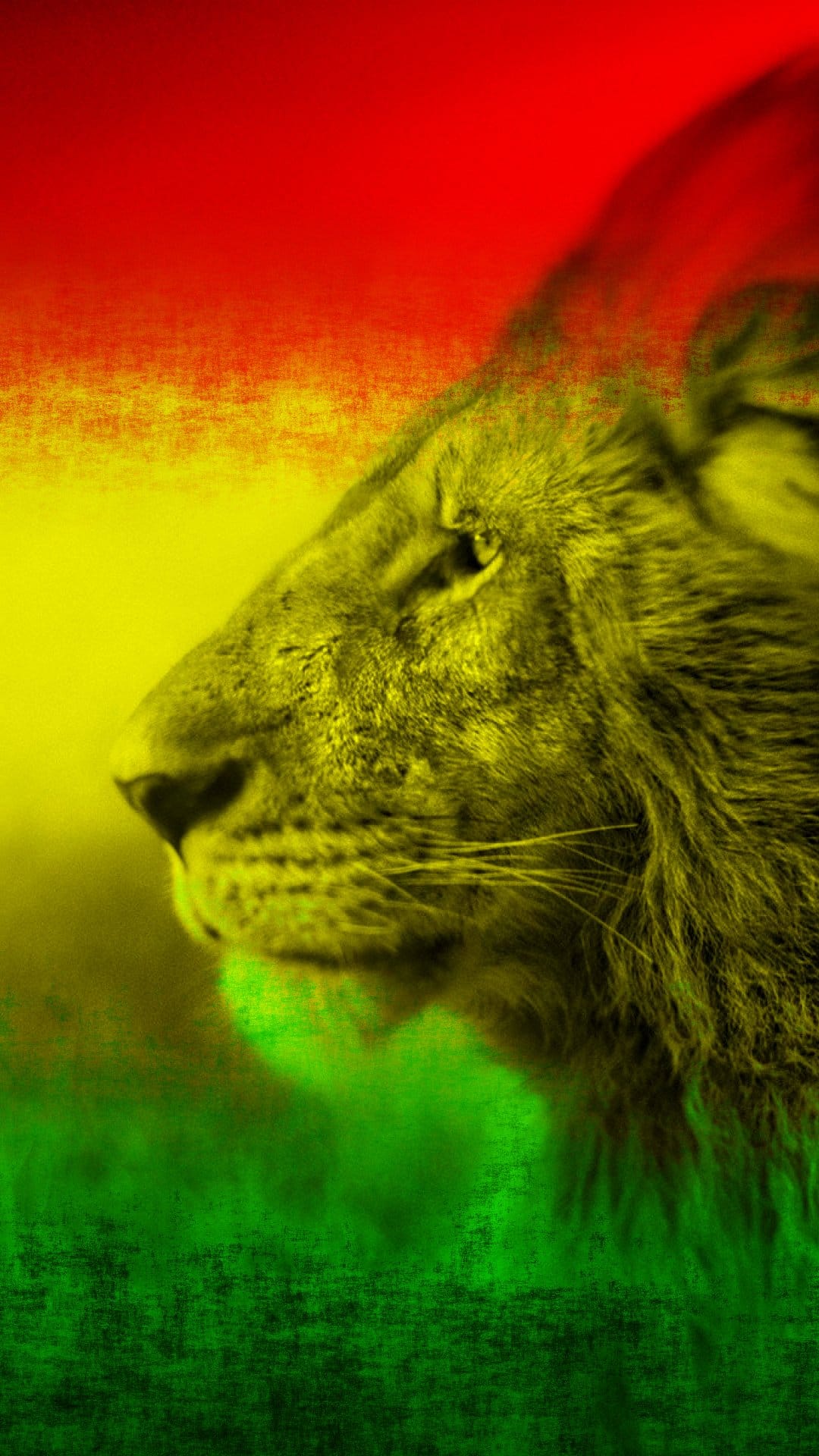 Lion profile with a red yellow and green gradient mane against a textured backdrop for vertical screen displays.
