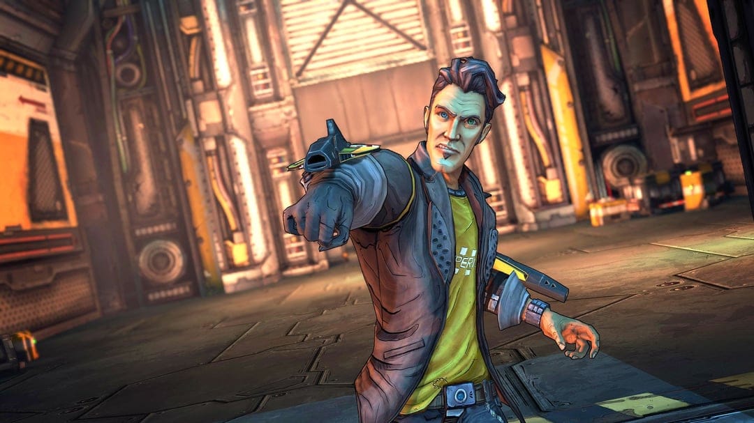 Man in a yellow shirt and brown jacket points a wrist-mounted gadget in a cell-shaded industrial room.