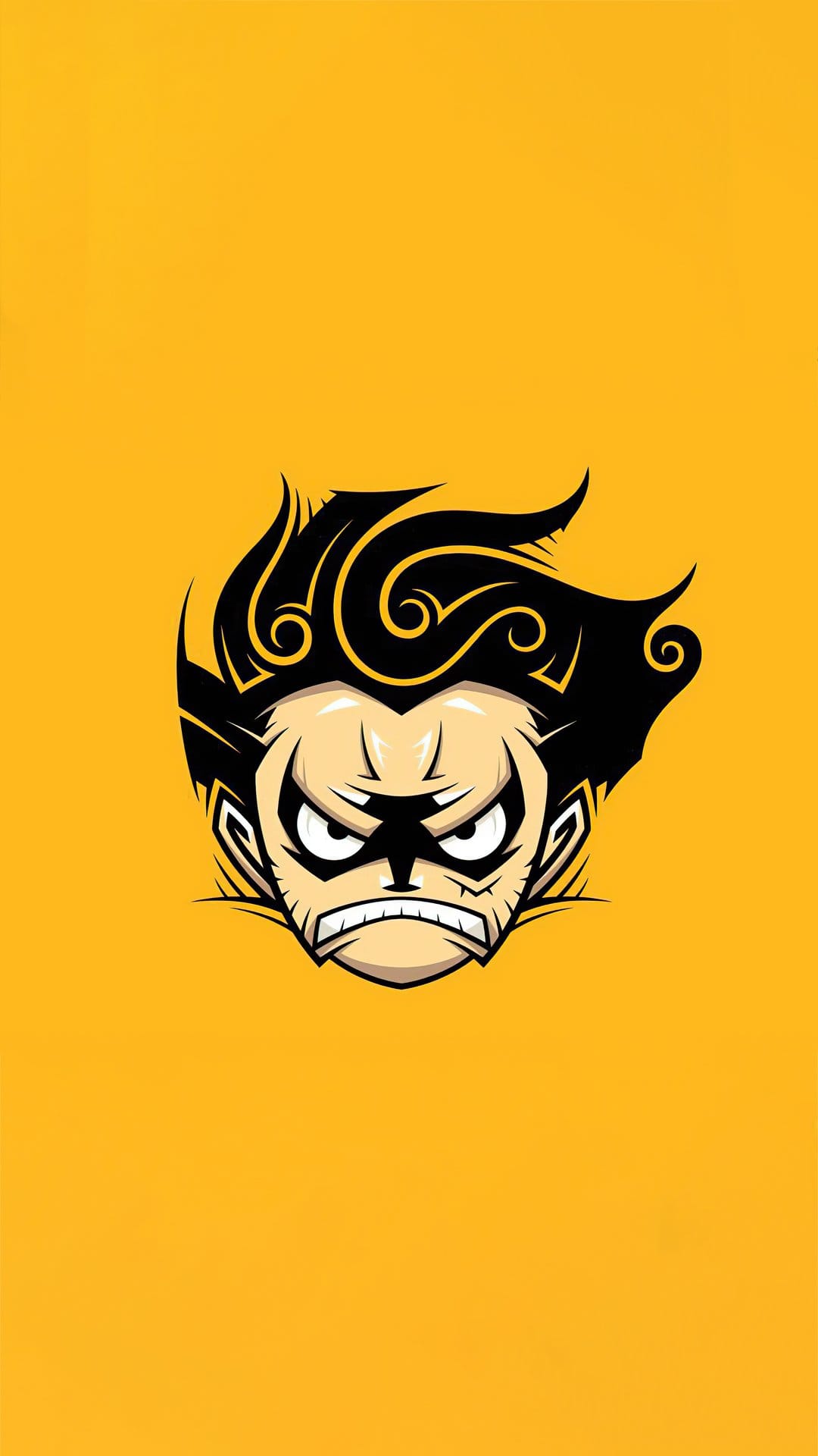 Monkey D Luffy chibi emblem with a fierce expression, black spiky hair, and eye scar on a yellow background.