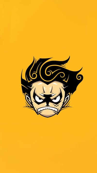 Monkey D. Luffy, One Piece, anime, chibi, emblem, angry, pirate, character logo, fan art, Straw Hat, manga, stylized, bold, determined, rubber man, iconic, cartoon, yellow background