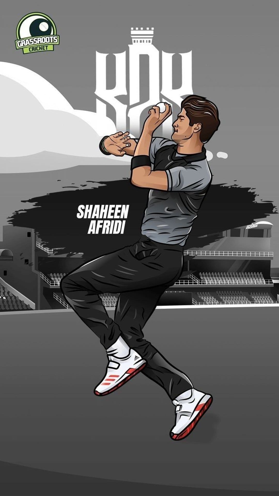Shaheen Afridi in a black cricket kit performs a bowling run-up against a grey stadium and crest background.