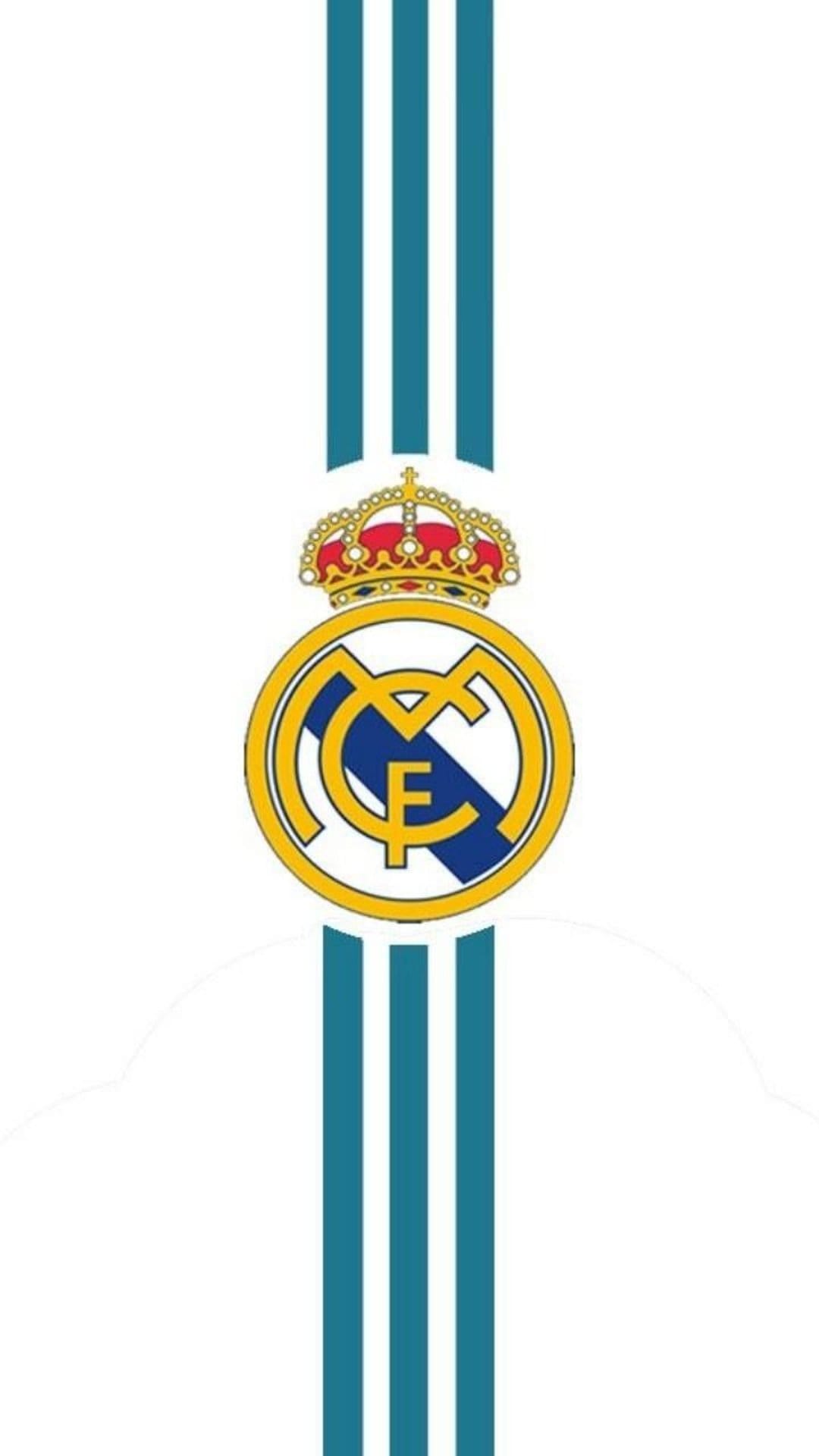 Real Madrid crest with a gold crown centered between two parallel teal stripes on a solid white background.
